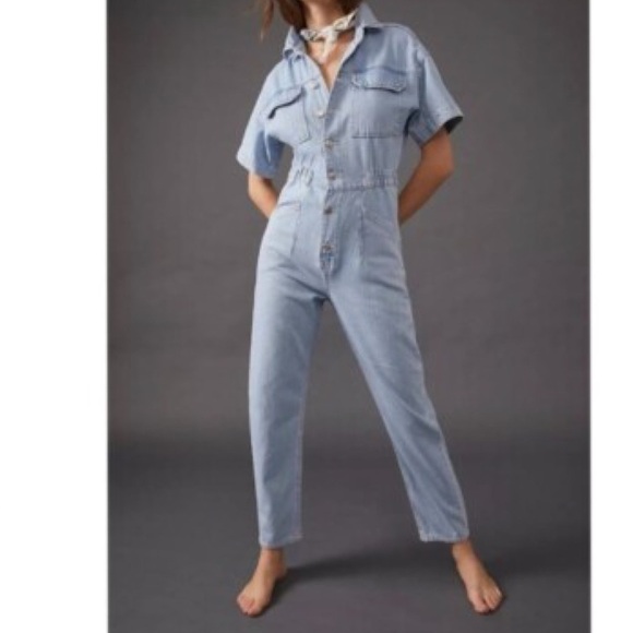 $565 Pinko Light Wash Blue Denim Relaxed Straight Leg Cottagecore Jumpsuit 2 - Picture 1 of 16
